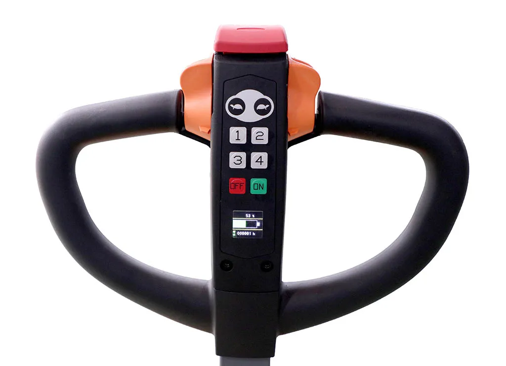 Transpaleta Eléctrica Gama Essential de Mitsubishi vista trasera-lateral