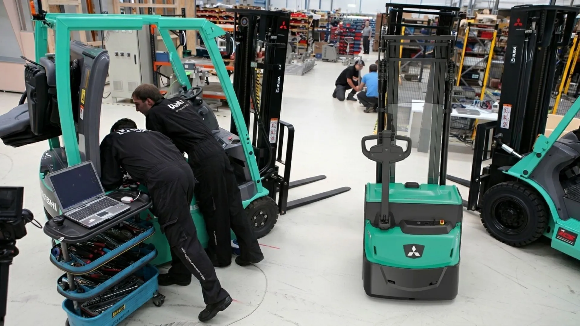Service technicians inspecting a forklift in an industrial warehouse