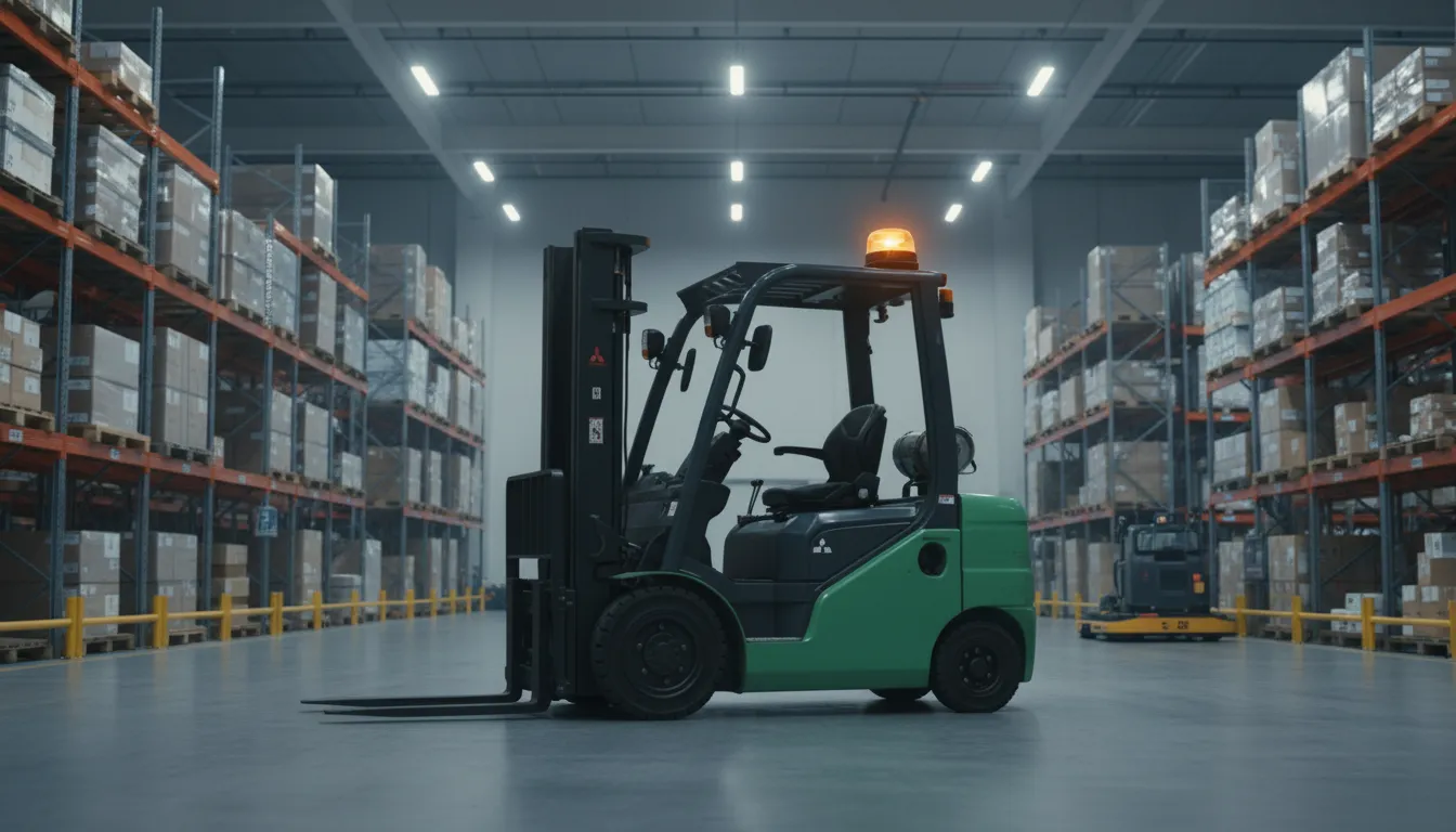 carretilla-elevadora-baliza-v16-dgt foto de carretilla elevadora mitusbishi en un almacén de logística con baliza v16 dgt